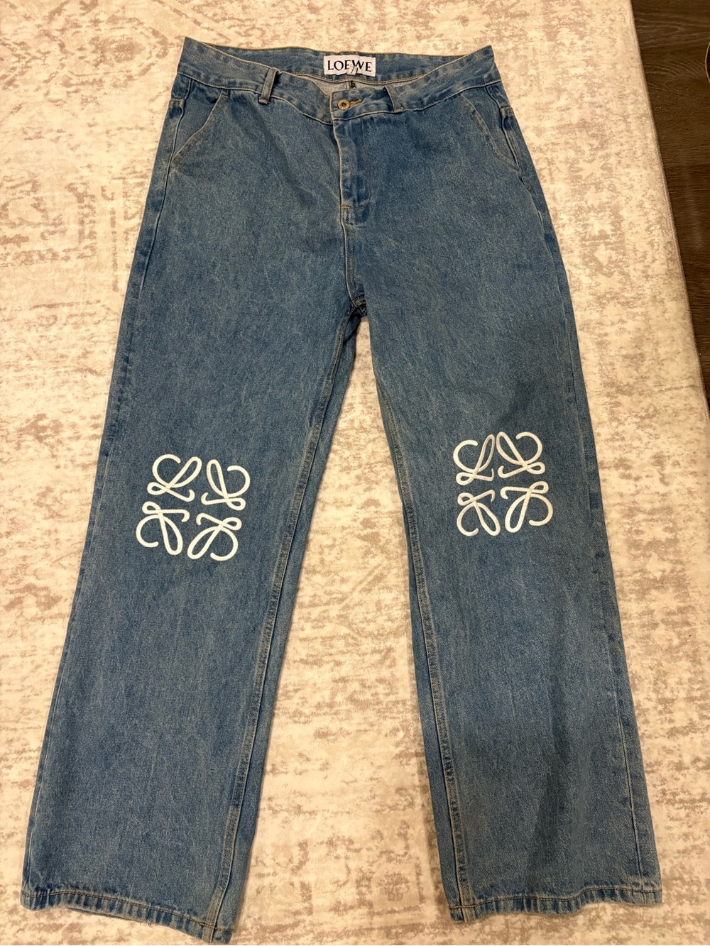Loewe Blue Denim Jeans with White Anagram Knees Mens 34